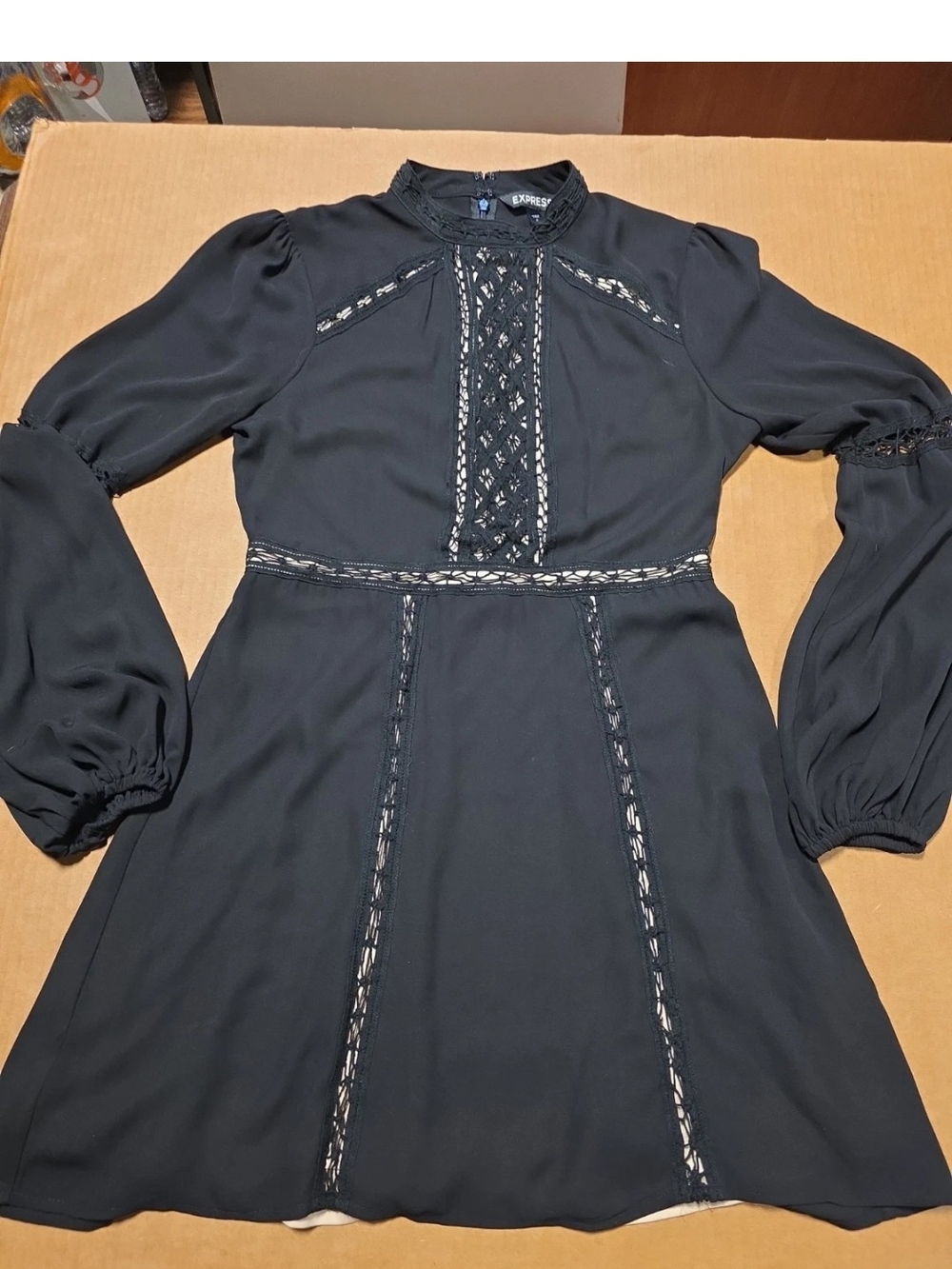 Express Black Lace-Panel Long Sleeve Mini Dress SZ 4